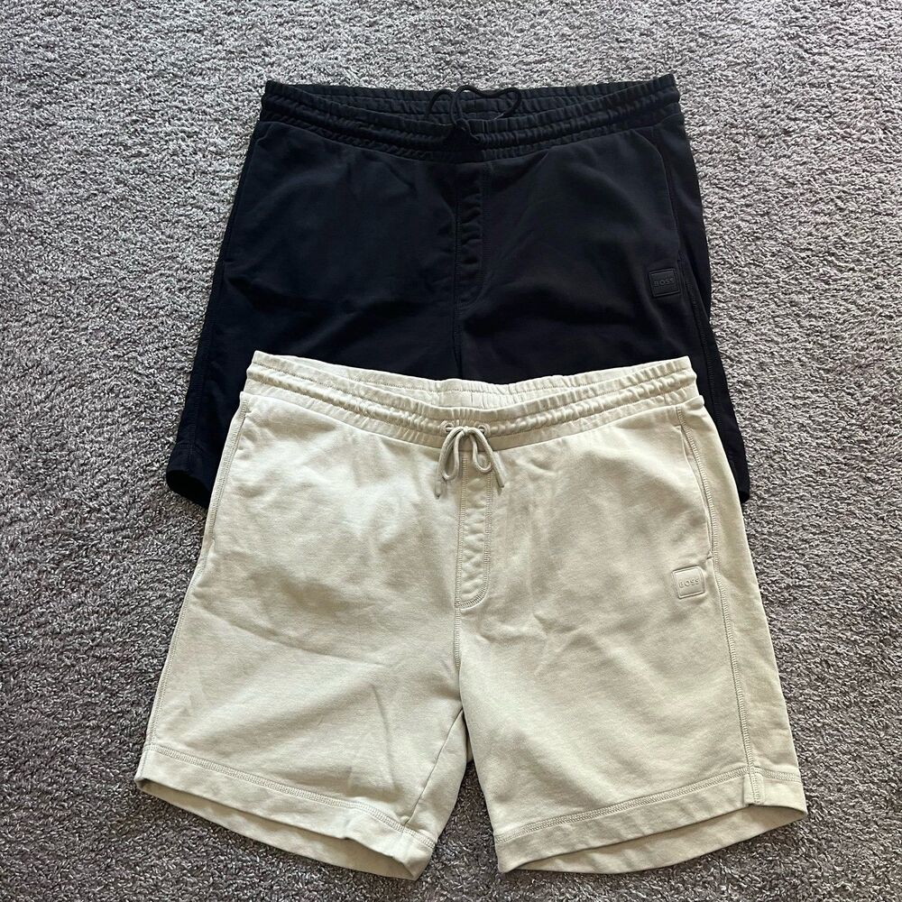 2X Bundle Hugo Boss Cotton Terry Shorts Logo Patch Light Grey Black Mens 3XL
